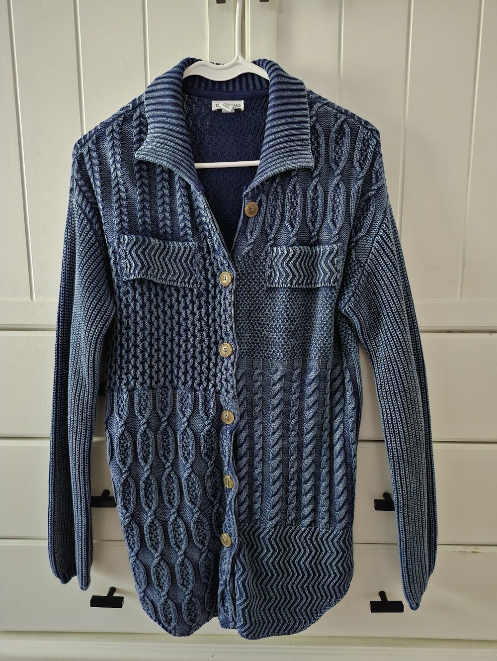 Tribal Blue Washed Out Textured Cable-Stitch Button Cardigan xs